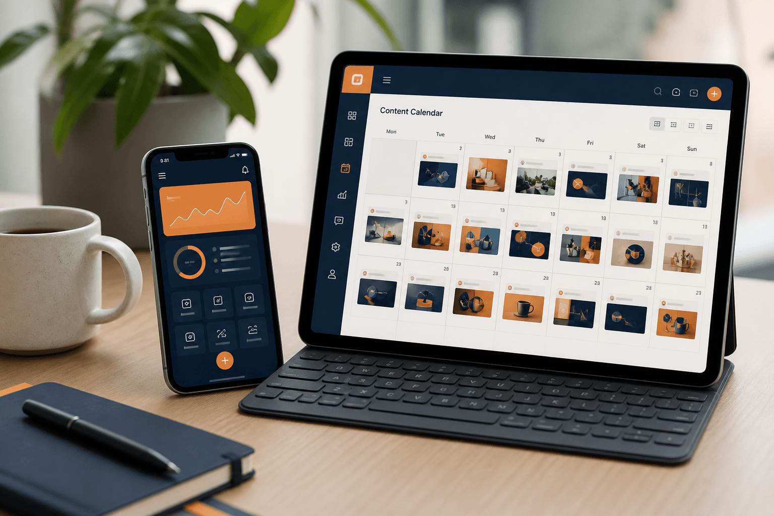 Phone and tablet showing social media and marketing dashboards
