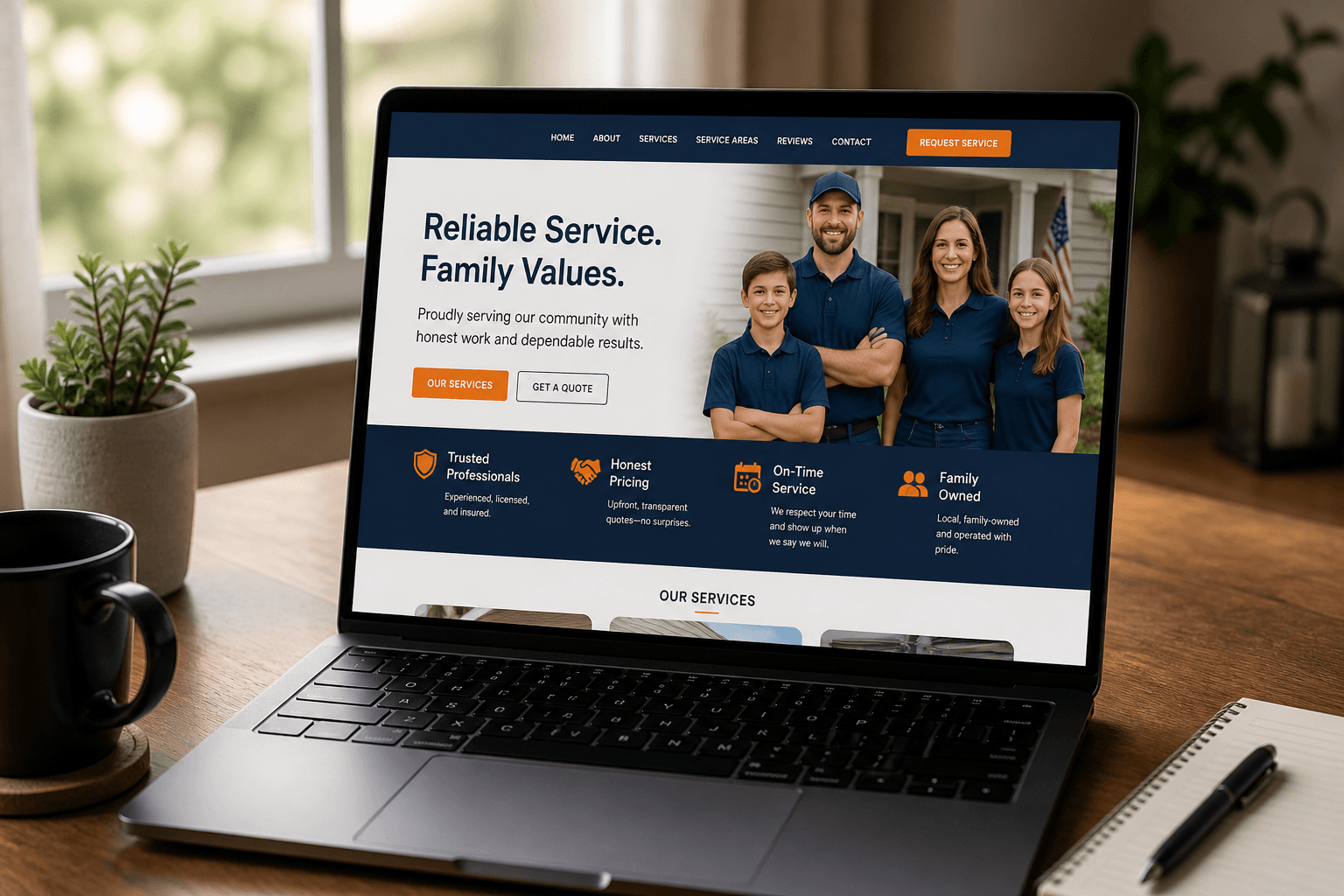 Laptop showing a modern small-business website mockup