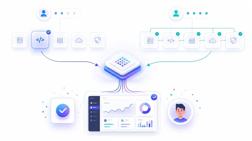 Isometric illustration of a technical workflow connecting code, databases, and cloud services to a centralized dashboard.
