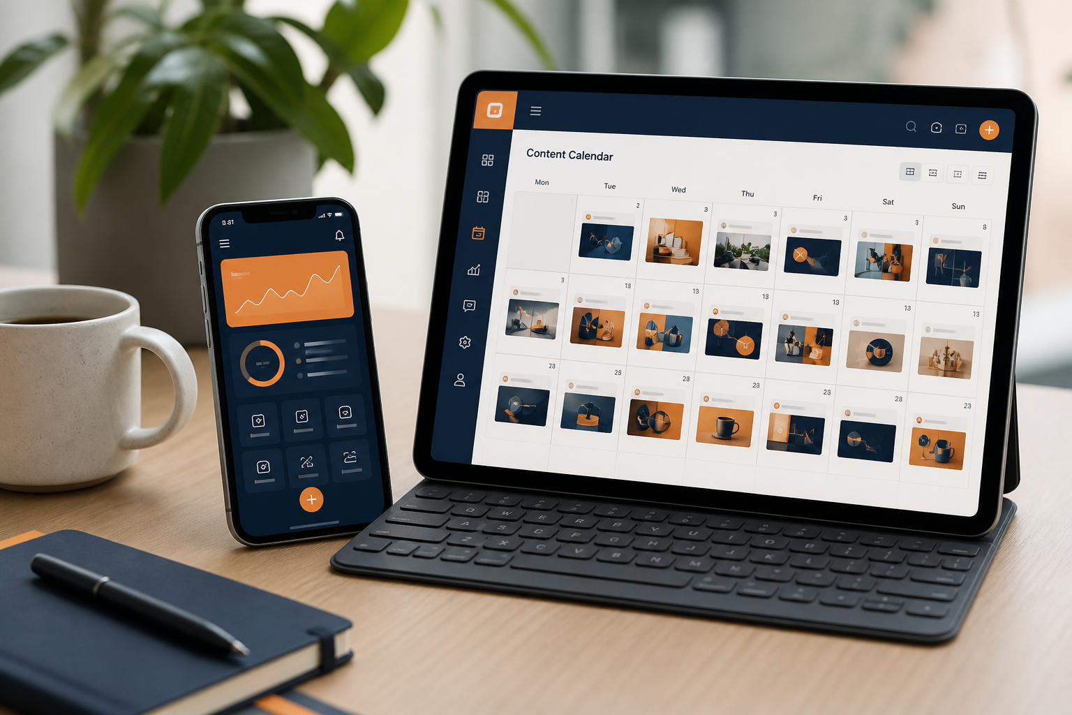 Phone and tablet showing social media and marketing dashboards