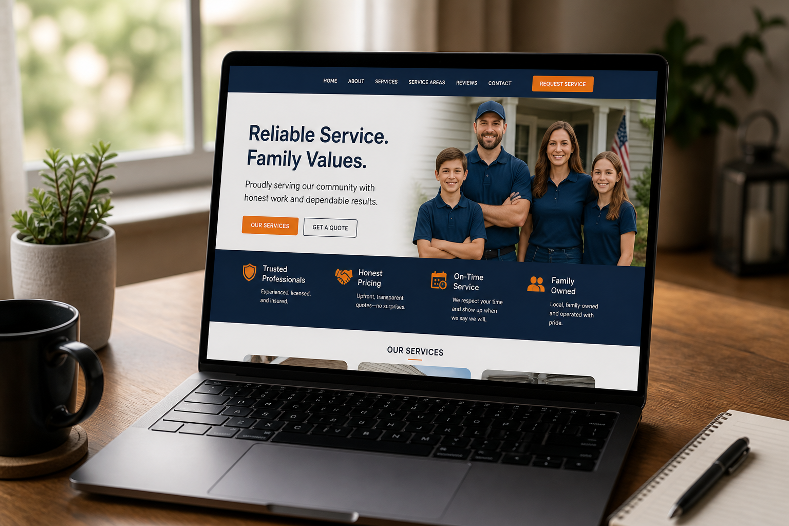 Laptop showing a modern small-business website mockup