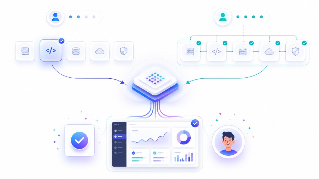 Isometric illustration of a technical workflow connecting code, databases, and cloud services to a centralized dashboard.